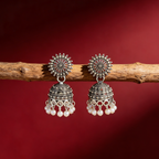 Boho Oxidized Silver Pearl Beaded Jhumka Earrings