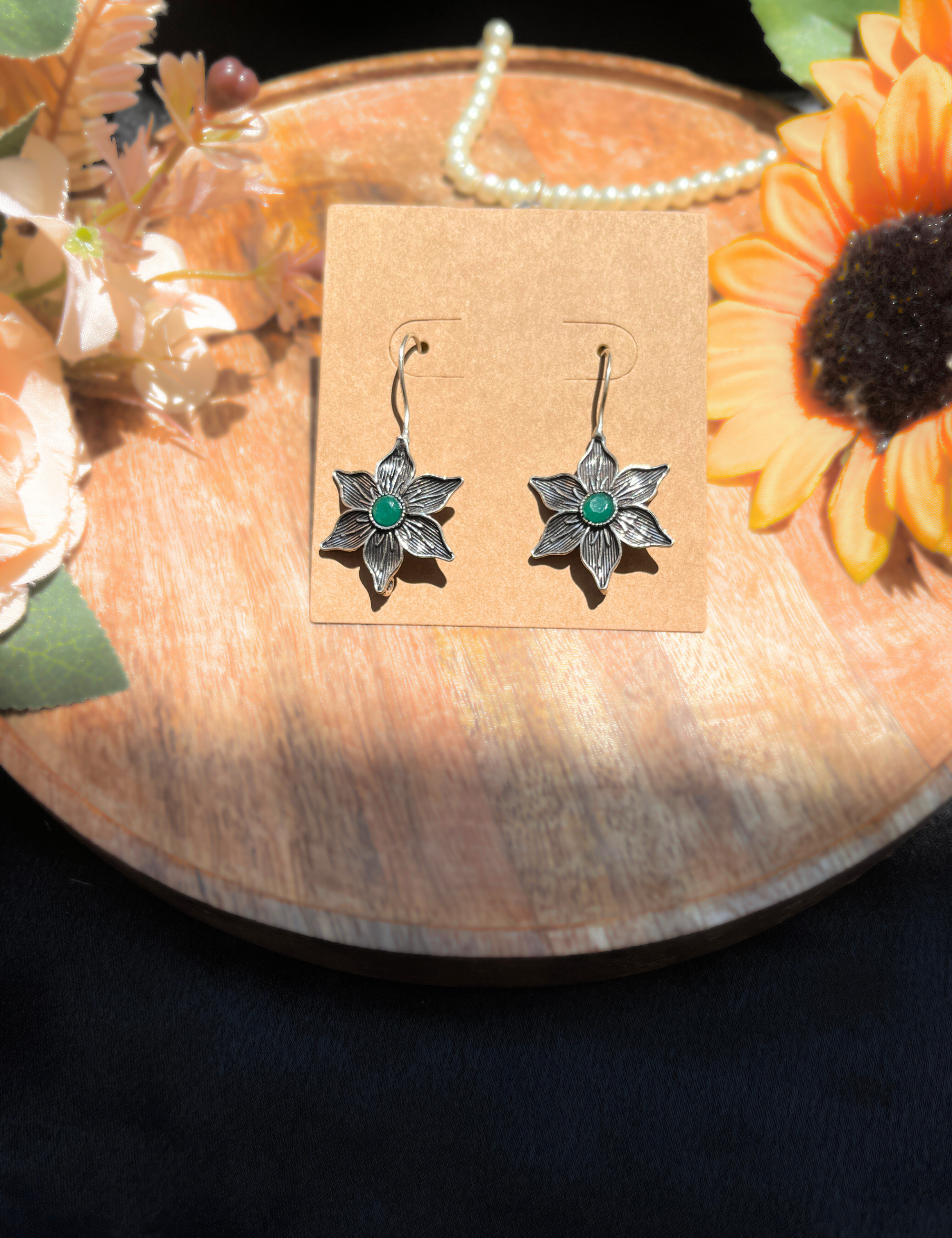 Star Shape Oxidised Silver Hook Earrings with green stone