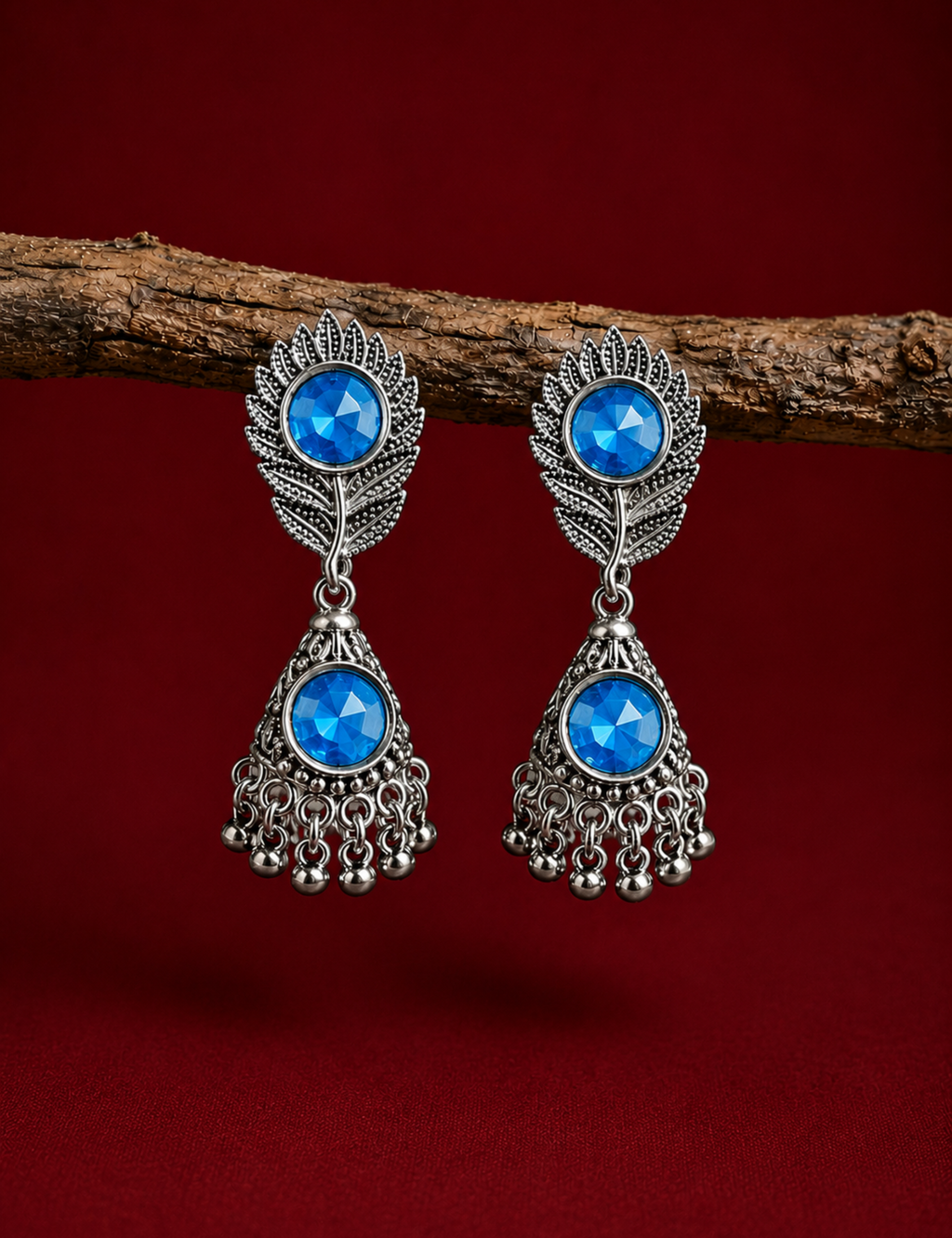 Oxidized Silver Blue Stone Leaf Earrings for Women