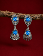 Oxidized Silver Blue Stone Leaf Earrings for Women