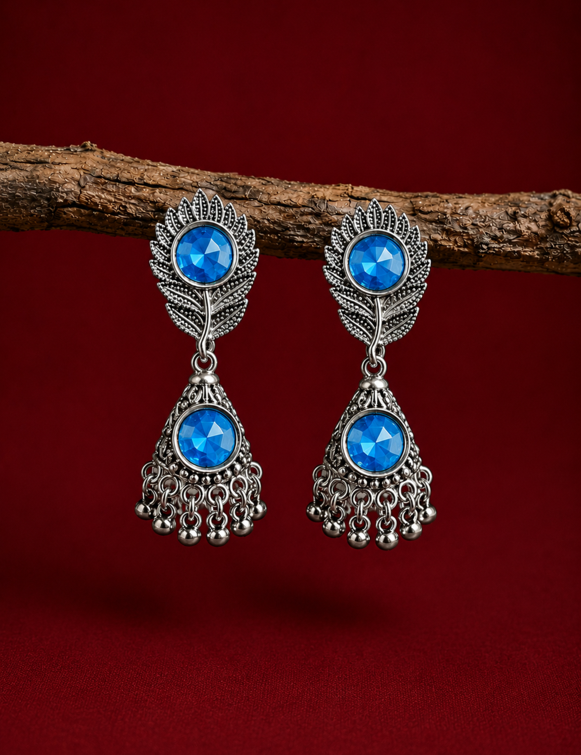 Oxidized Silver Blue Stone Leaf Earrings for Women