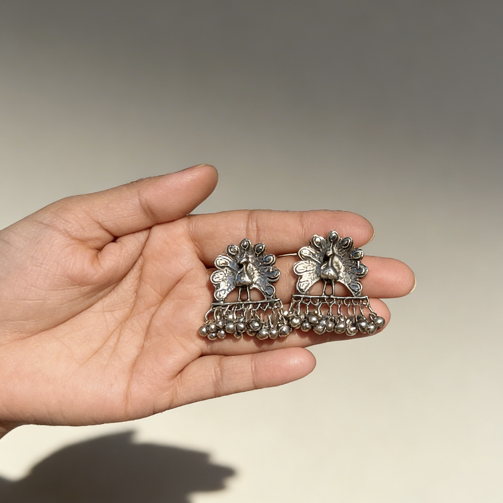 Vintage Tribal Peacock Jhumki with Ghungroo Drops
