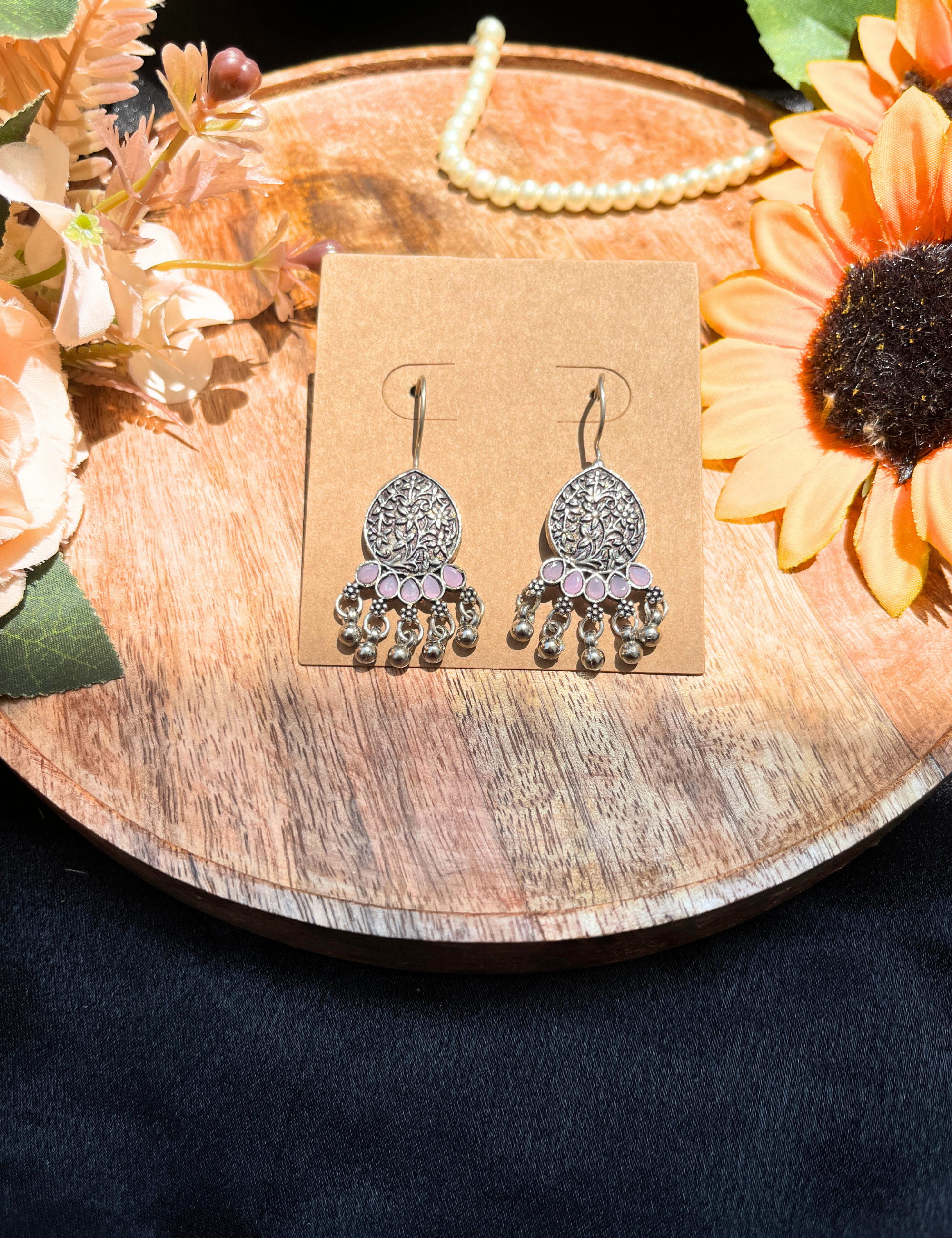 Pink Stone Oxidised Silver Hook Earrings