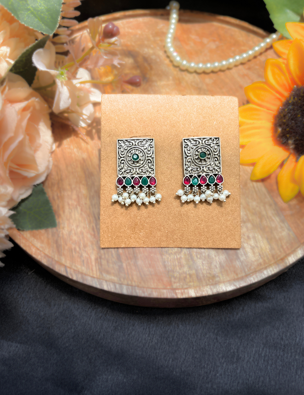 Oxidised Silver Floral Design Square Drop Earrings