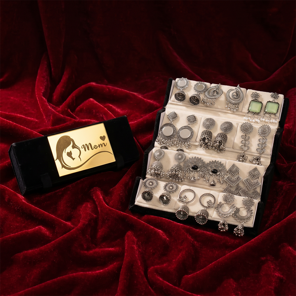 Mother's Day Special Set Of 16 Oxidized Designer Earrings With Folding Jewelry Box