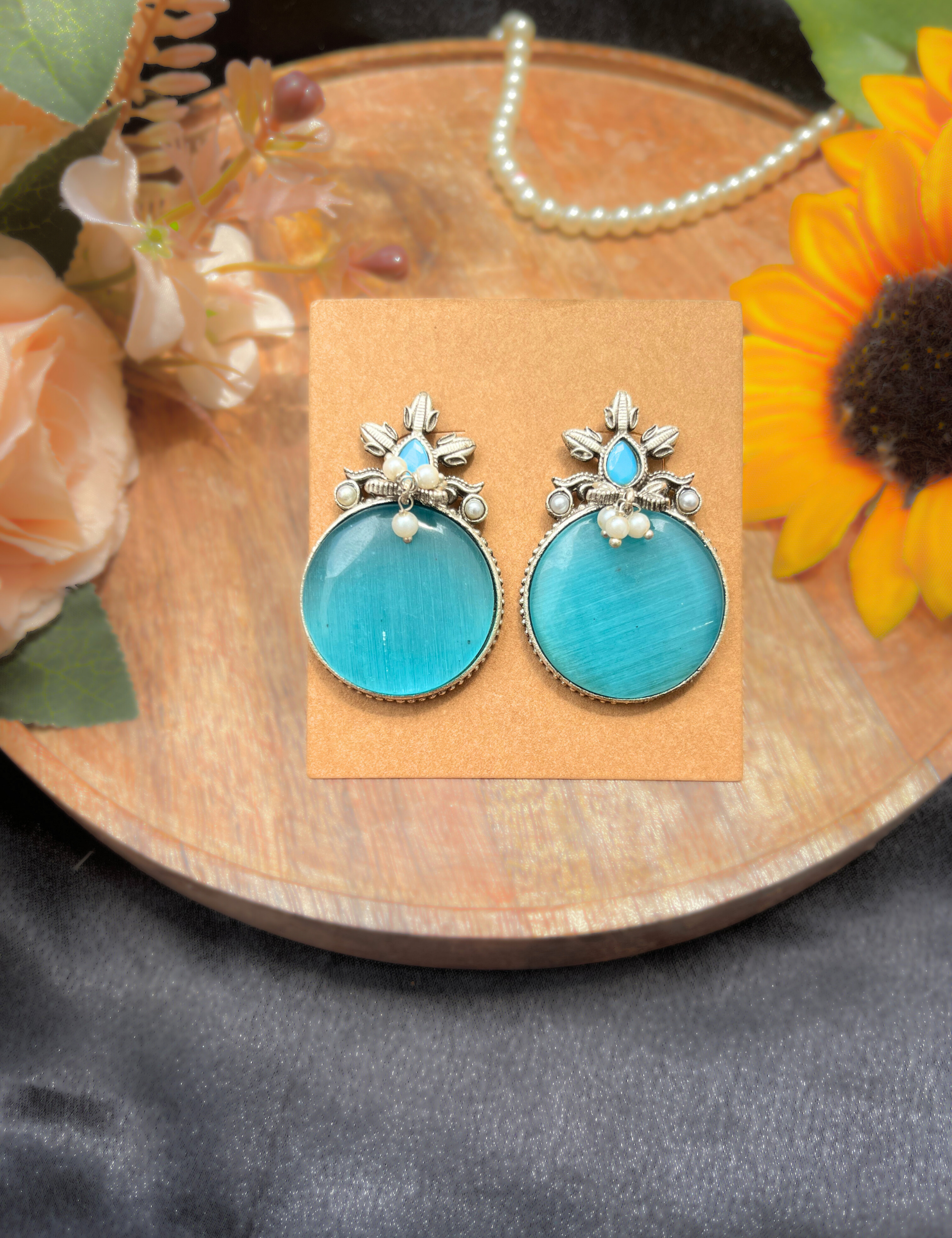 Sky-Blue Monalisa Stone Oxidised Earrings