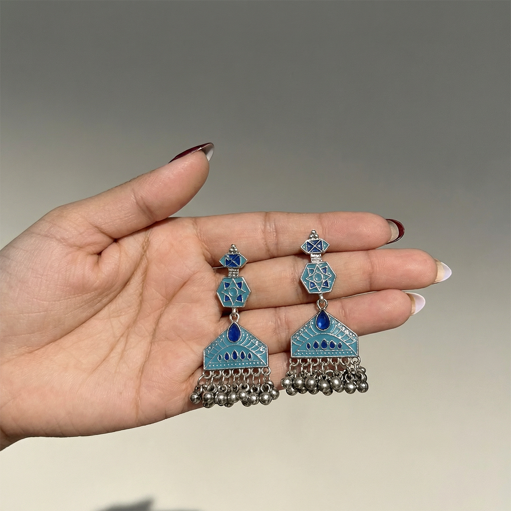 Oxidised Silver Teal & Navy Blue Meenakari Geometric Chandelier Earrings with Ghungroo Drops