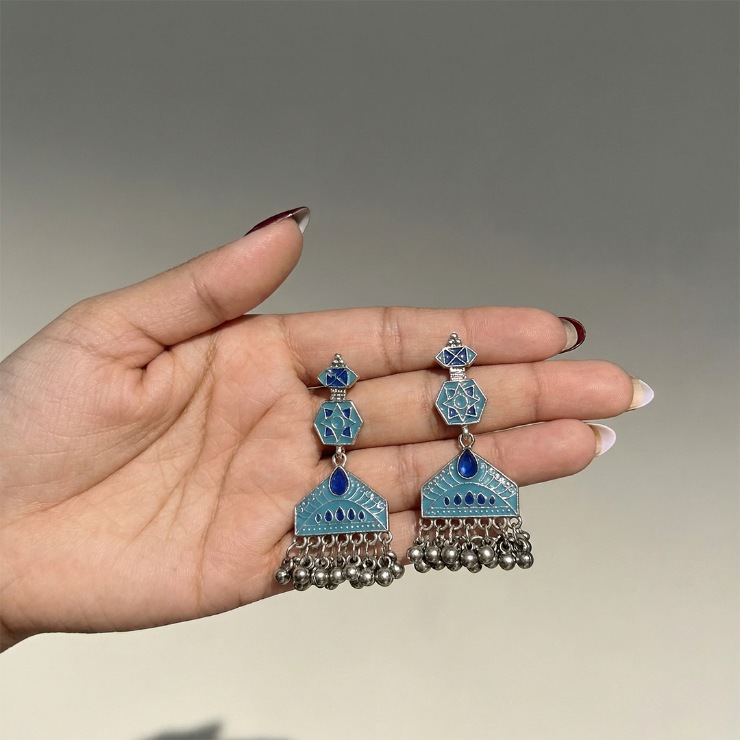 Oxidised Silver Teal & Navy Blue Meenakari Geometric Chandelier Earrings with Ghungroo Drops