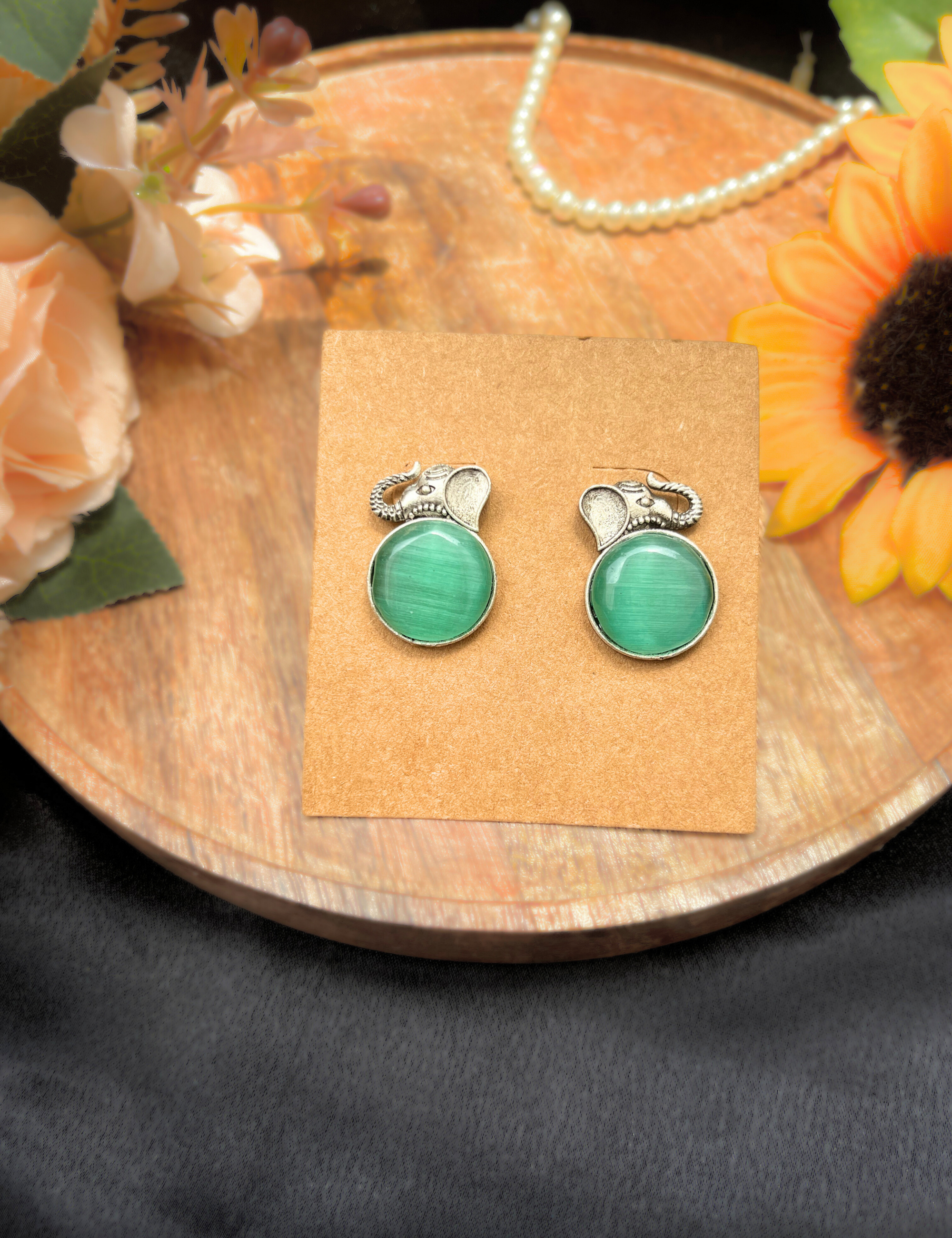 Oxidised Elephant Stud Earrings with Green Stone