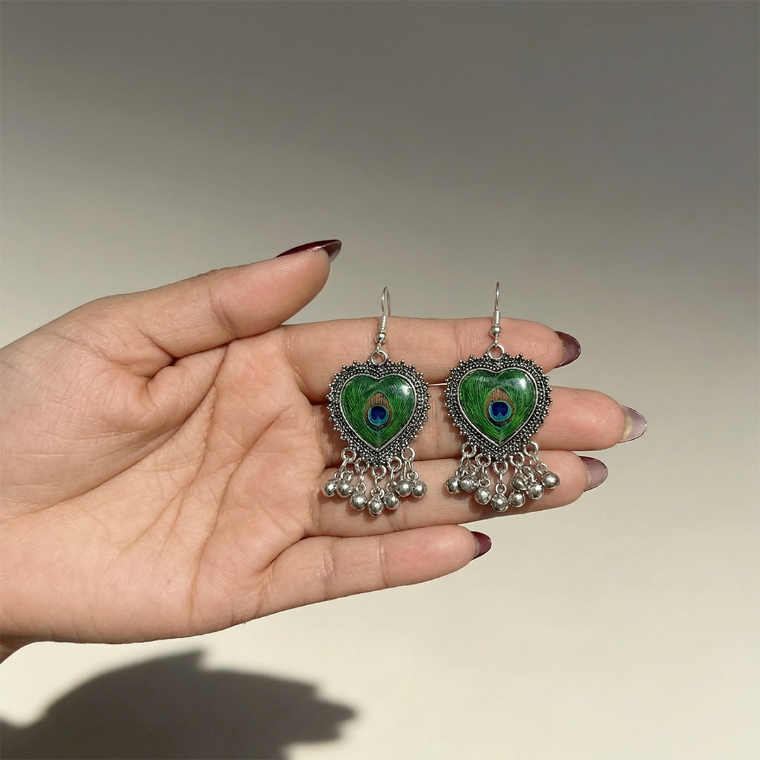Oxidised Silver Heart Shape Peacock Feather Meenakari Earrings with Ghungroo Drops