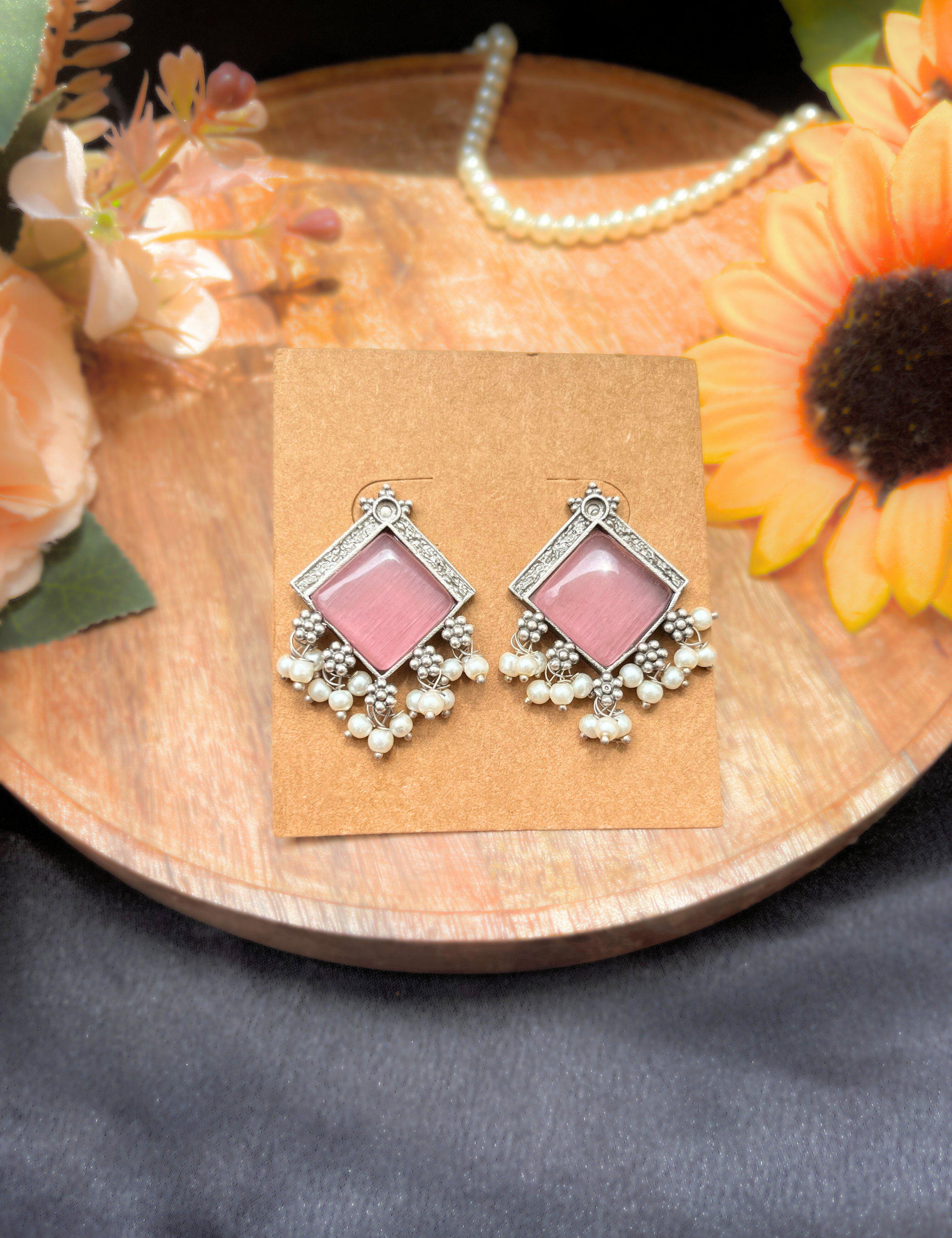 Pastel Square Stone and Pearl Oxidized Earrings