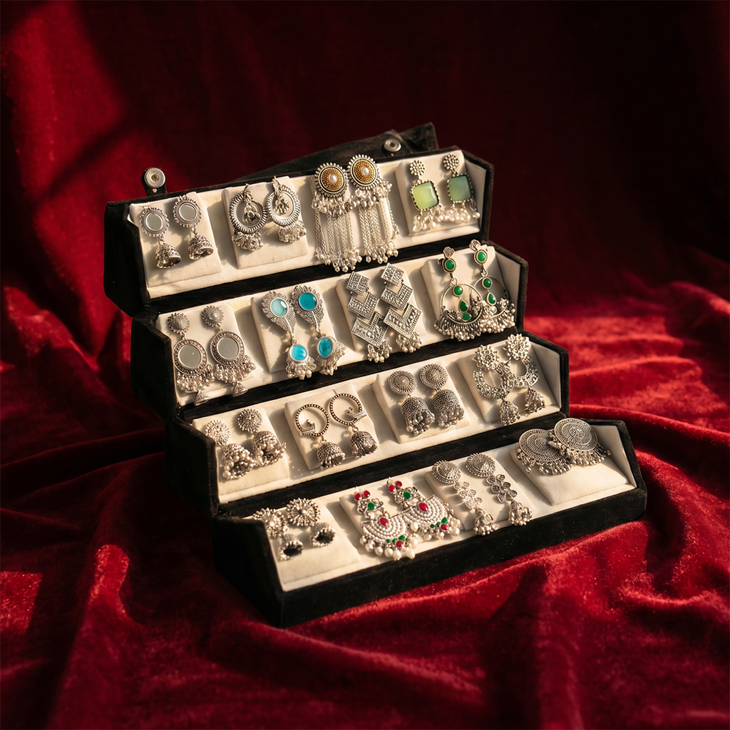 Mother's Day Special Set Of 16 Oxidized Designer Earrings With Folding Jewelry Box