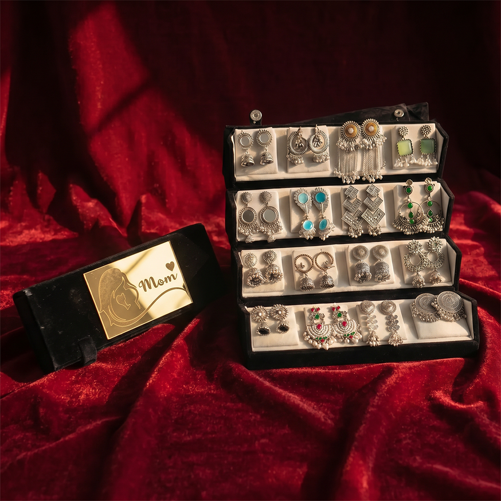 Mother's Day Special Set Of 16 Oxidized Designer Earrings With Folding Jewelry Box
