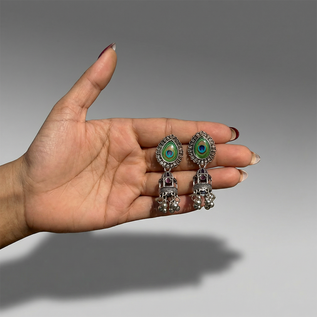 Oxidized Silver Peacock Feather Jhumka Earrings