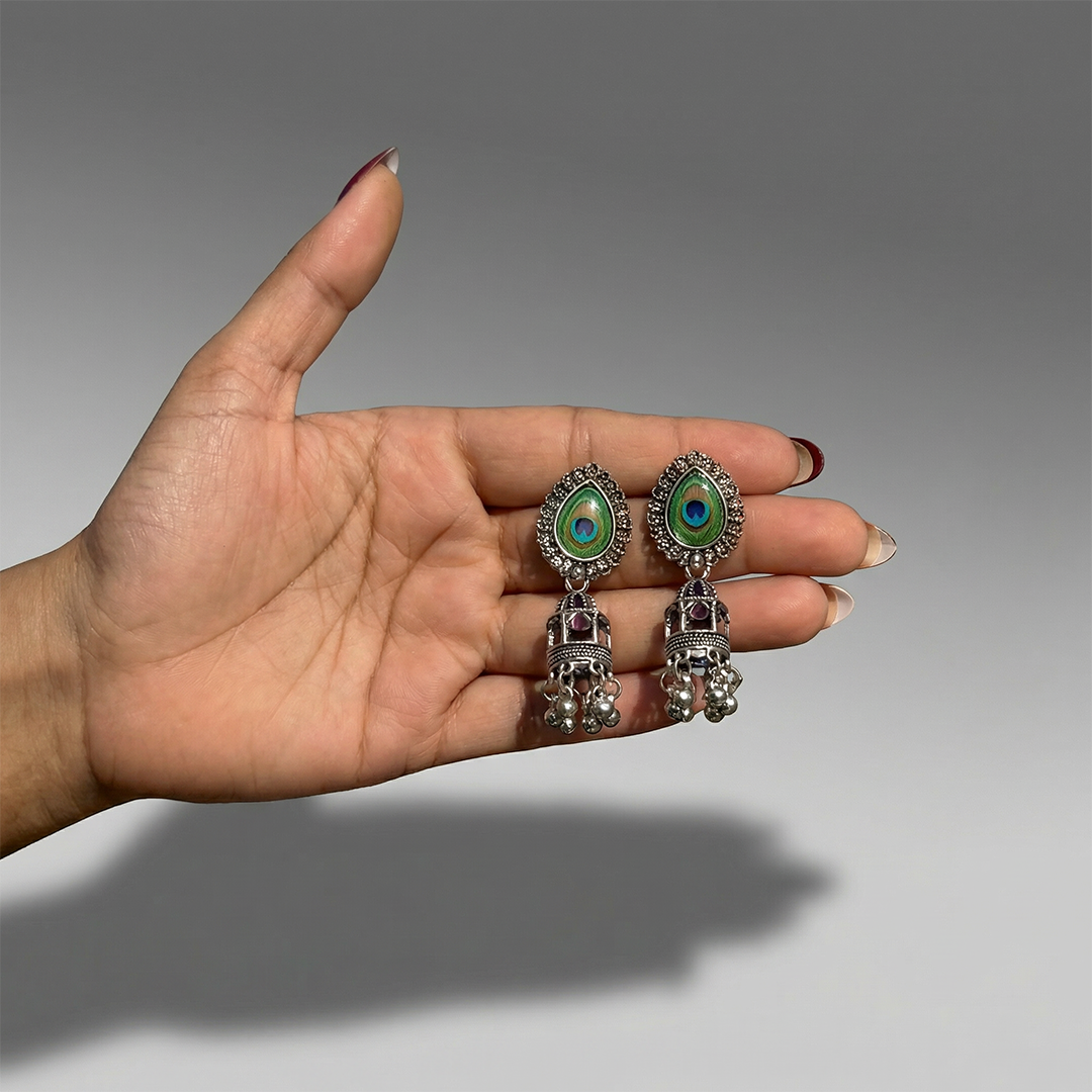 Oxidized Silver Peacock Feather Jhumka Earrings