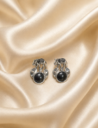 Oxidized Silver Elephant Stud Earrings with Black Stone