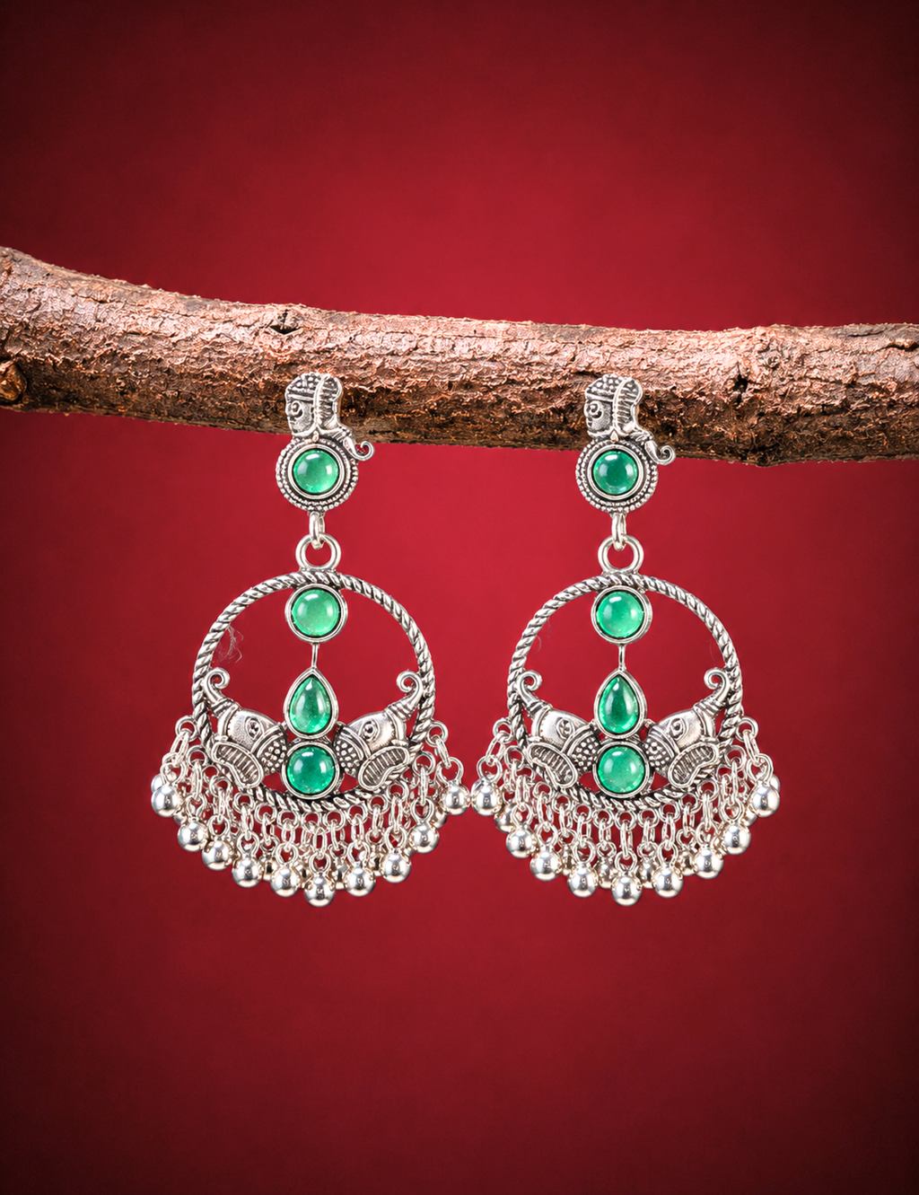 Lightweight Oxidized Green Stone Chandbali Earrings