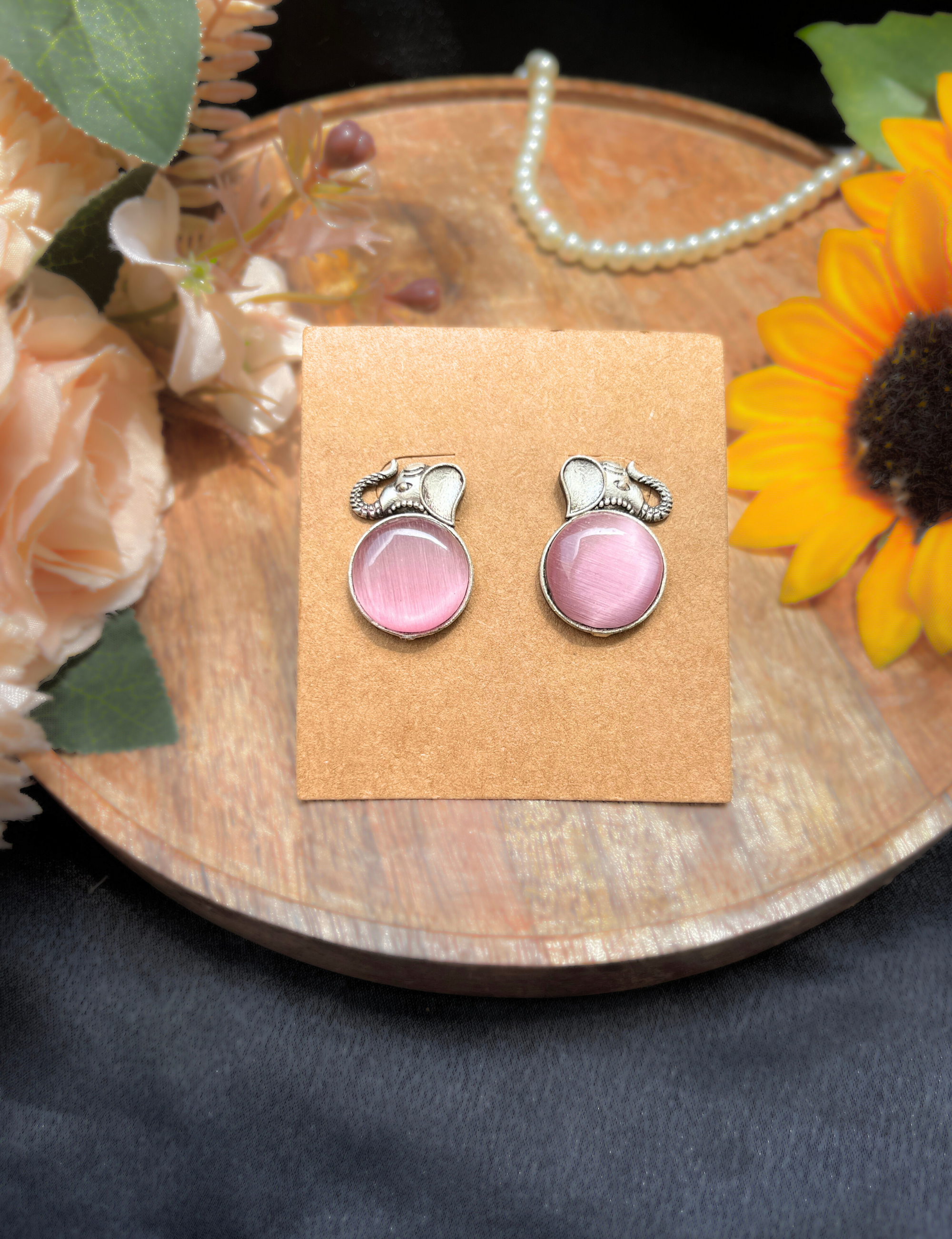Oxidised Elephant Stud Earrings with Pink Stone