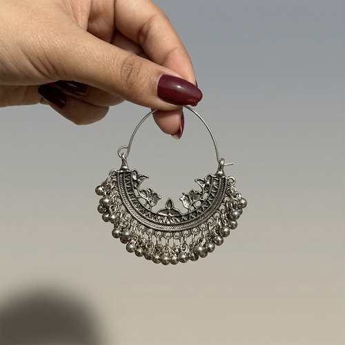 Oxidised Silver Chandbali Crescent Hoop Ghungroo Earrings