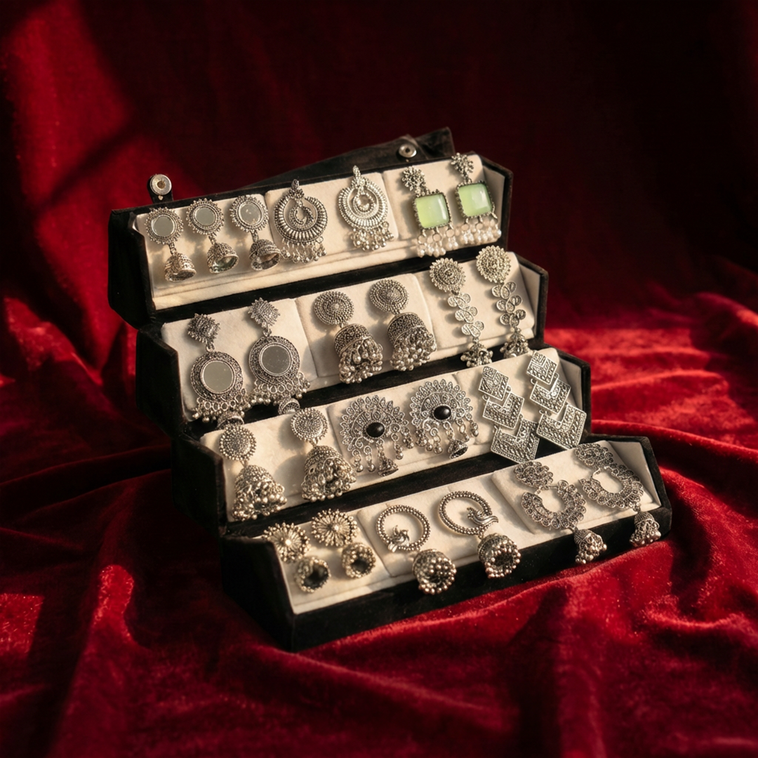 Mother's Day Special Set Of 16 Oxidized Designer Earrings With Folding Jewelry Box