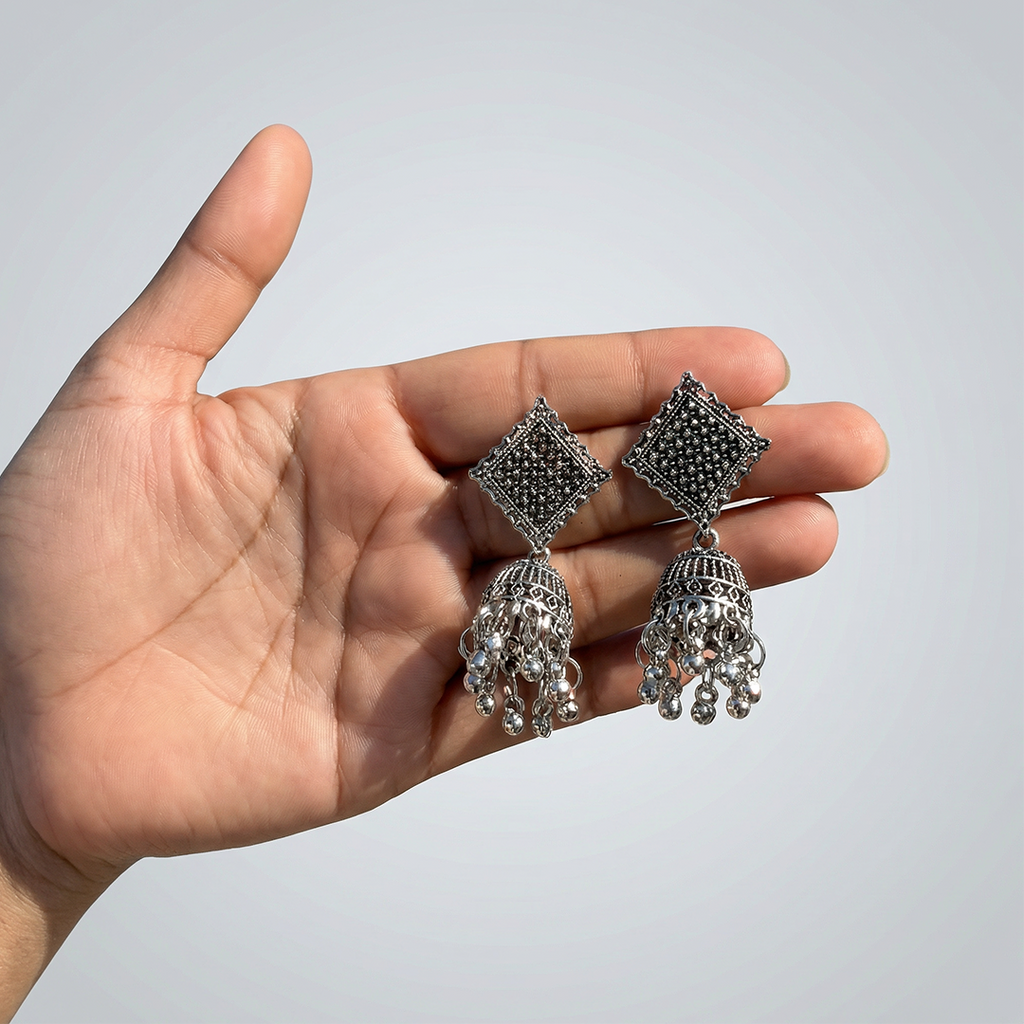 Ethnic Oxidised Square Stud Jhumkas with Bead Drops