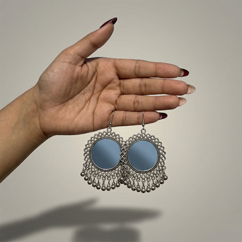 Oxidized Silver Mirror Chandbali Earrings