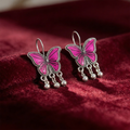 Oxidised Silver Pink Butterfly Drop Earrings with Ghungroo Danglers