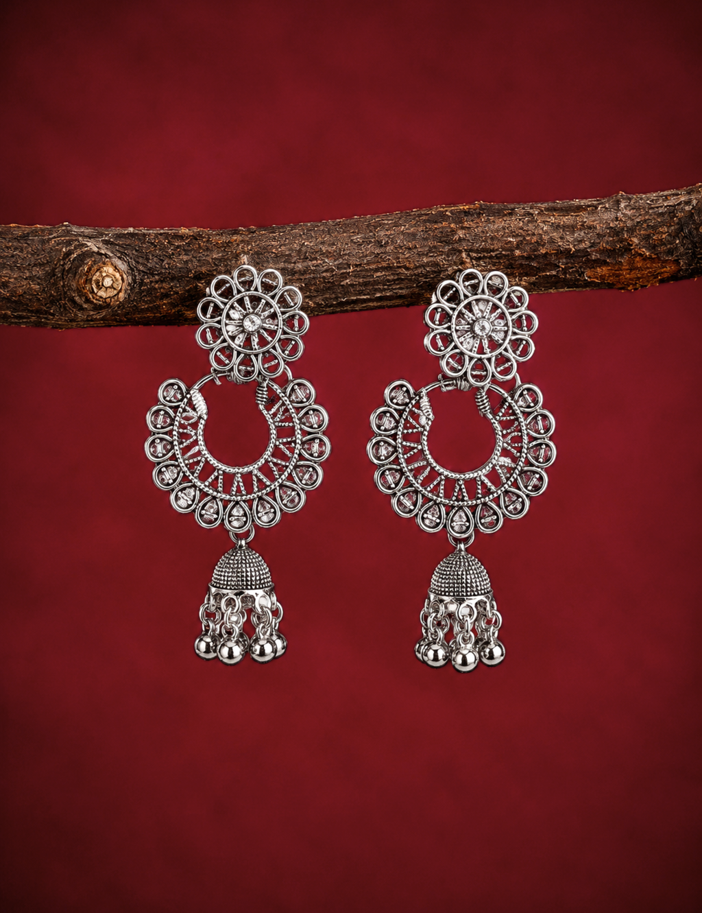 Traditional Oxidized Silver Floral Hoop Jhumki Earrings