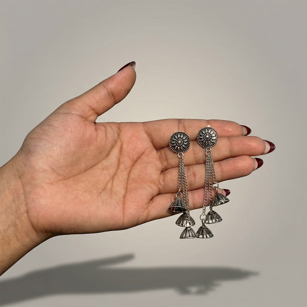 Oxidized Silver Multi Jhumka Chain Earrings