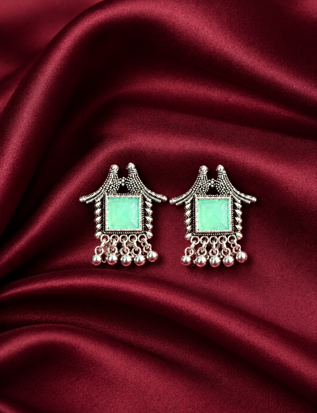 Mint Green Stone Oxidized Silver Dangle Earrings | Lightweight Daily Wear Earrings for Women & Girls
