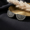 Oxidised Silver Half Moon Tribal Stud Earrings with Geometric Engraving & Beaded Border