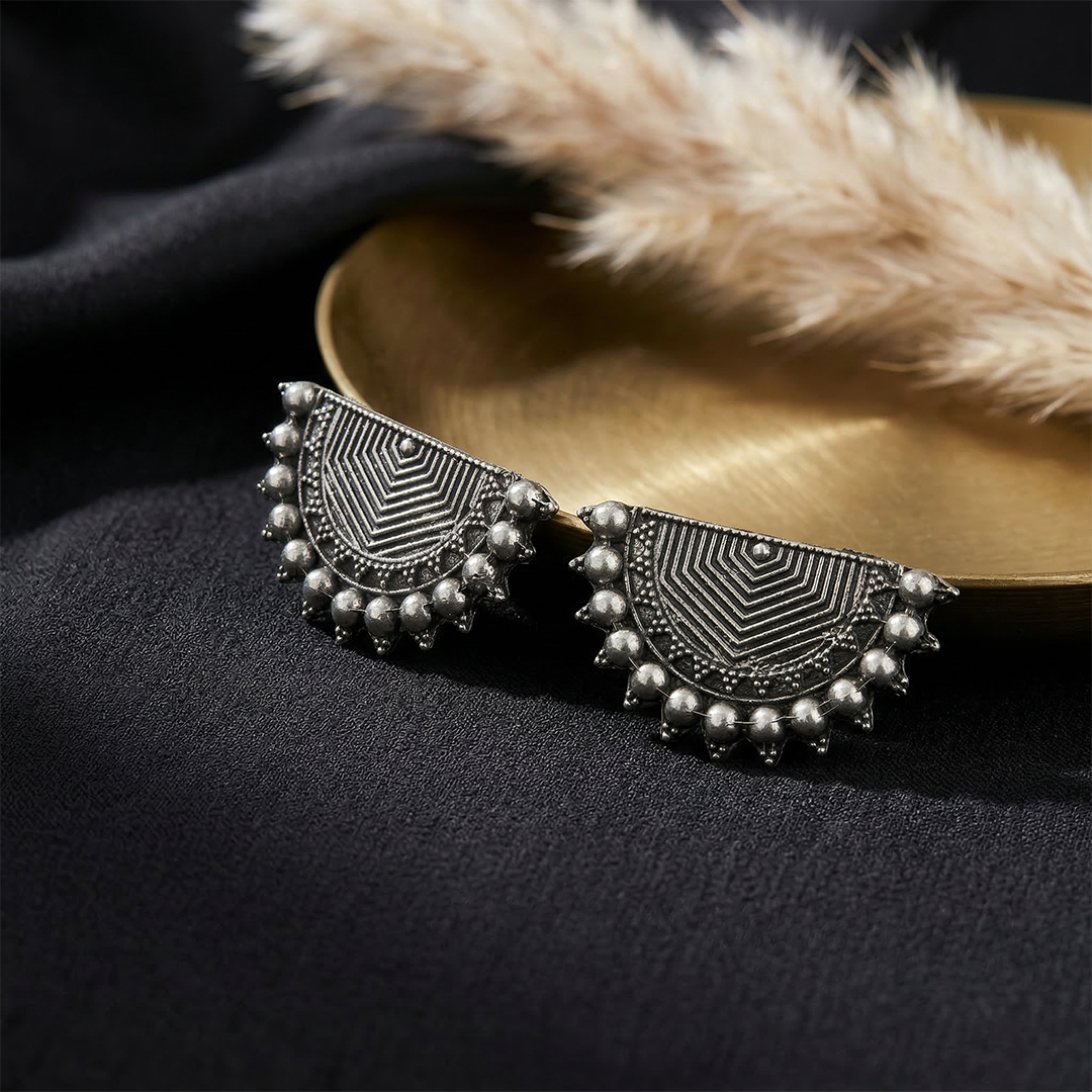 Oxidised Silver Half Moon Tribal Stud Earrings with Geometric Engraving & Beaded Border