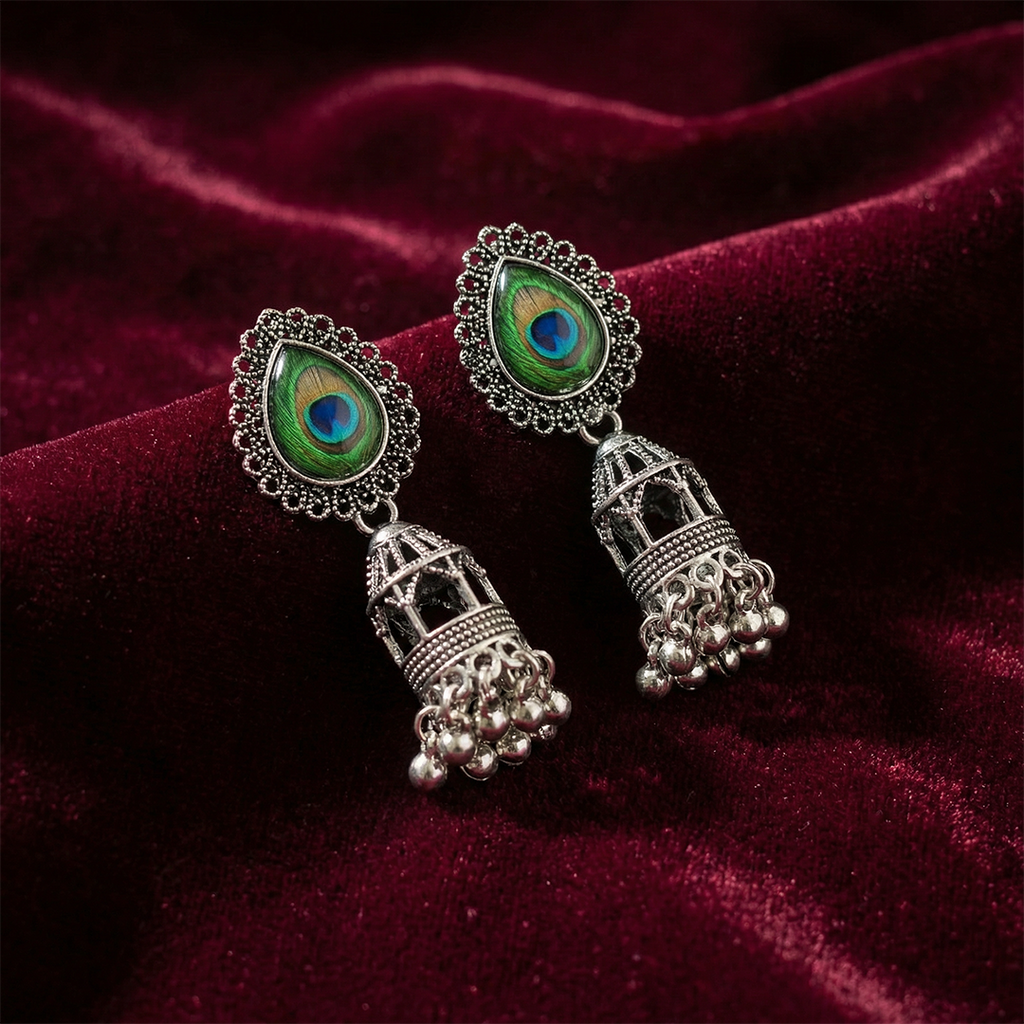 Oxidized Silver Peacock Feather Jhumka Earrings