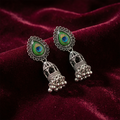 Oxidized Silver Peacock Feather Jhumka Earrings