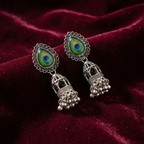 Oxidized Silver Peacock Feather Jhumka Earrings