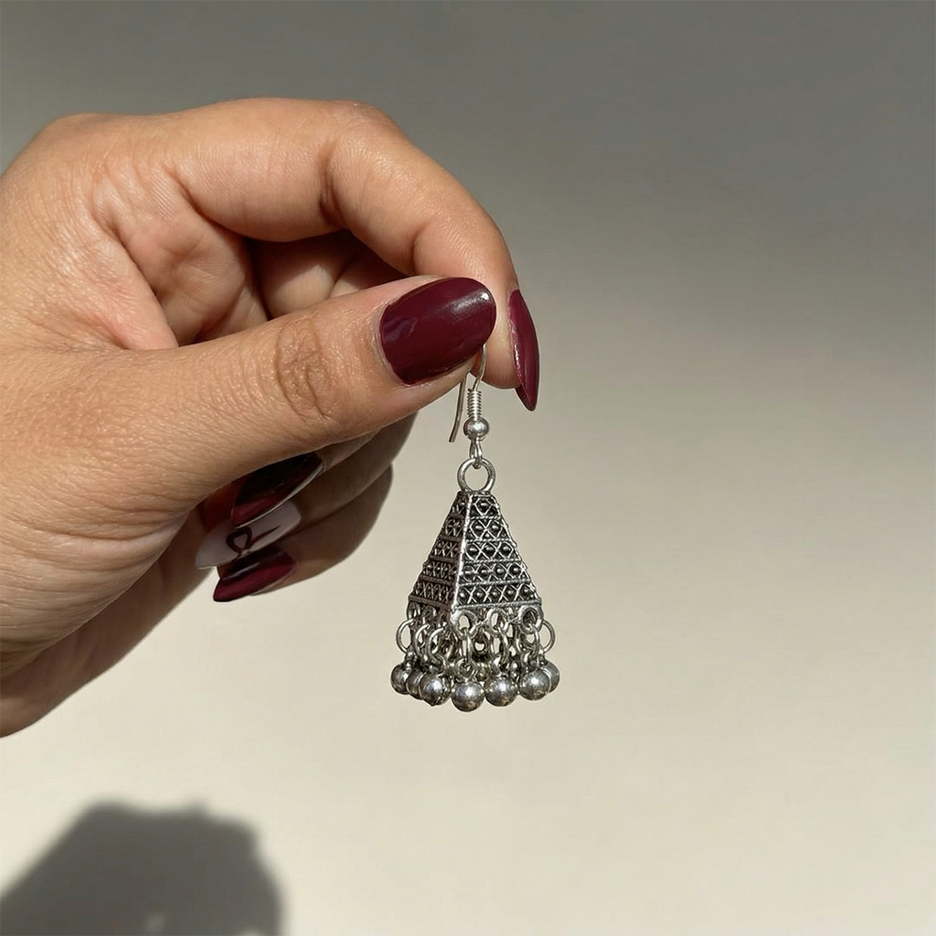 Oxidized Silver Cone Shaped Dangle Earrings with Beads