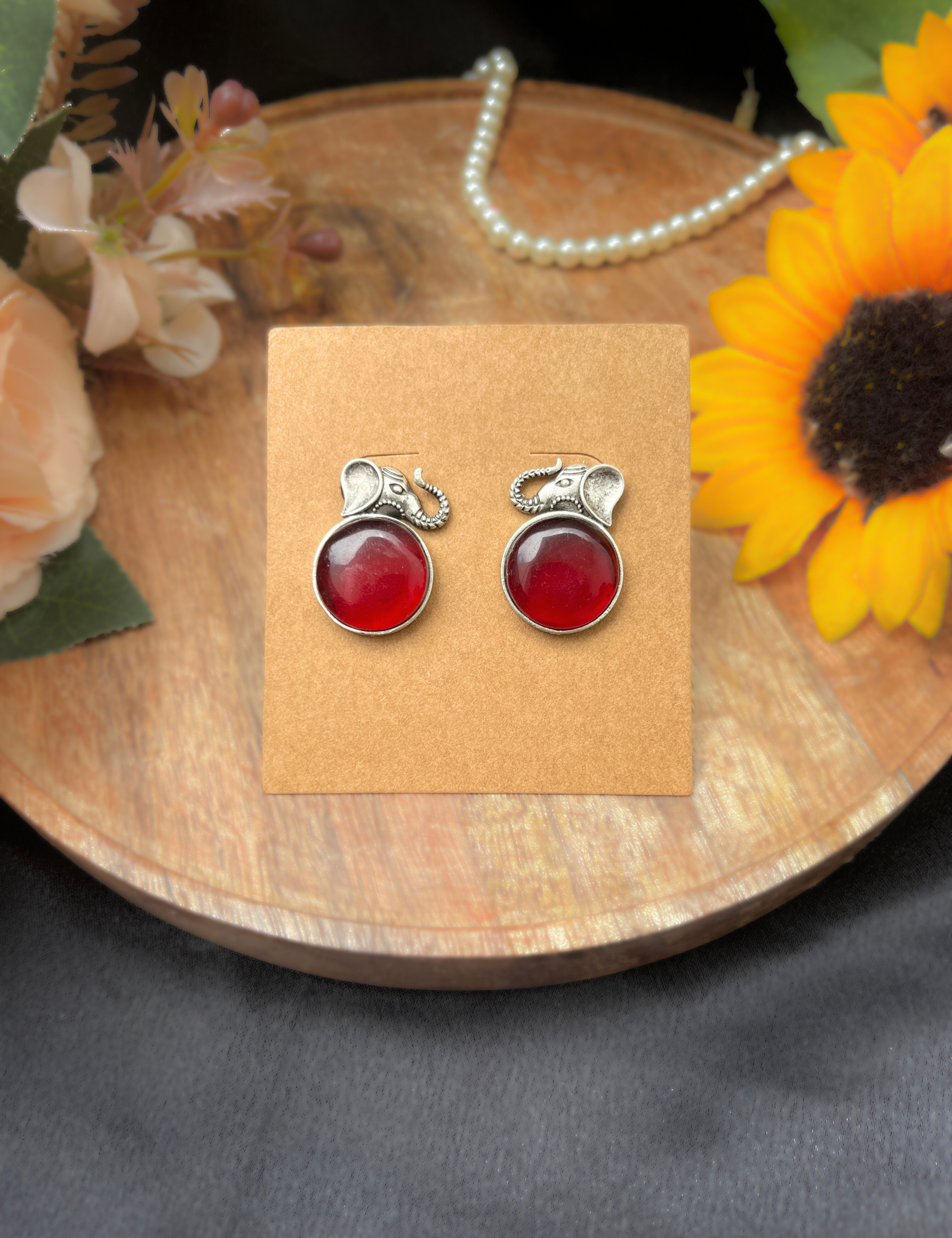 Oxidised Elephant Stud Earrings with Red Stone