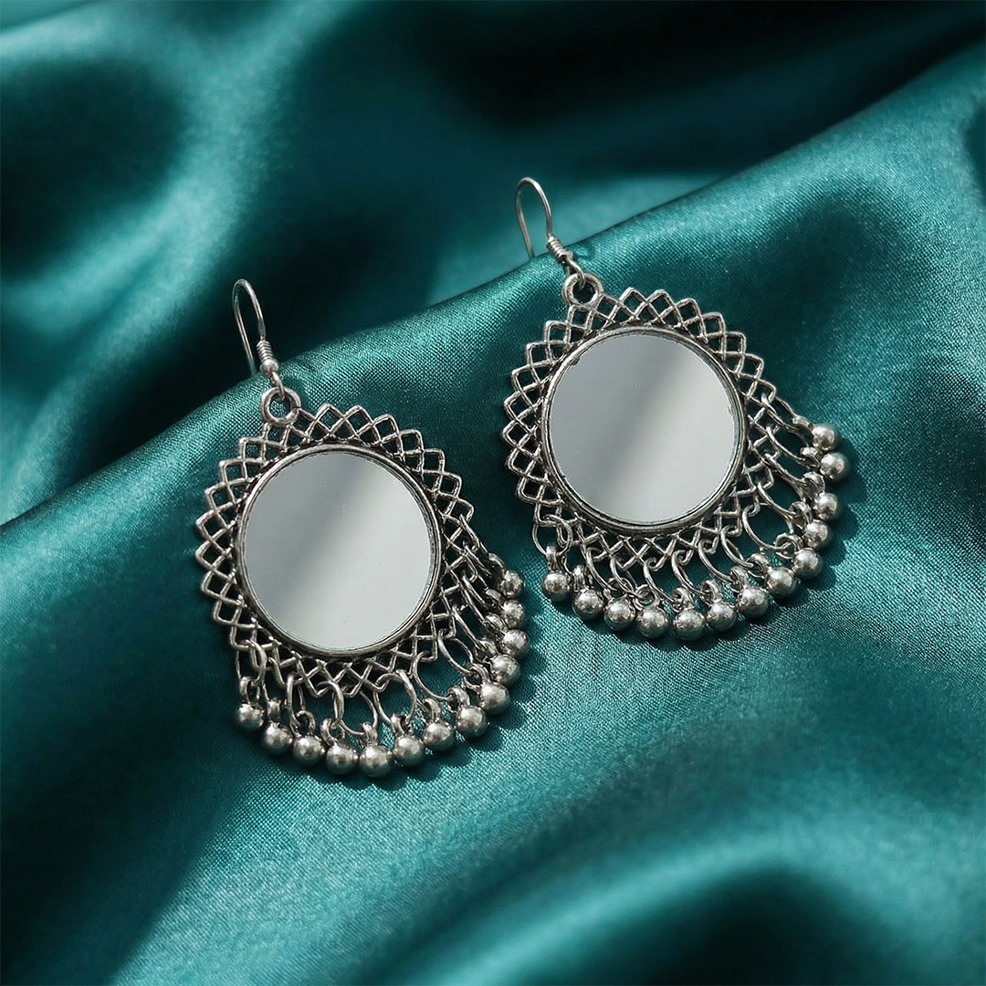 Oxidized Silver Mirror Chandbali Earrings