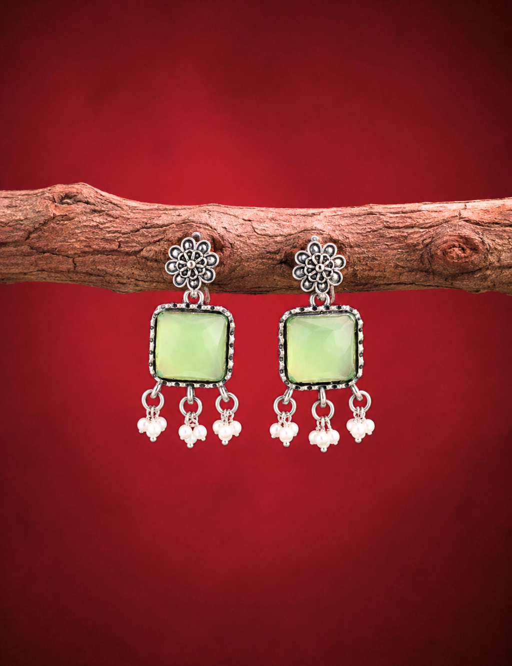 Mint Green Stone Oxidized Silver Floral Dangle Earrings