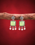 Mint Green Stone Oxidized Silver Floral Dangle Earrings