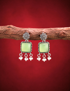 Mint Green Stone Oxidized Silver Floral Dangle Earrings