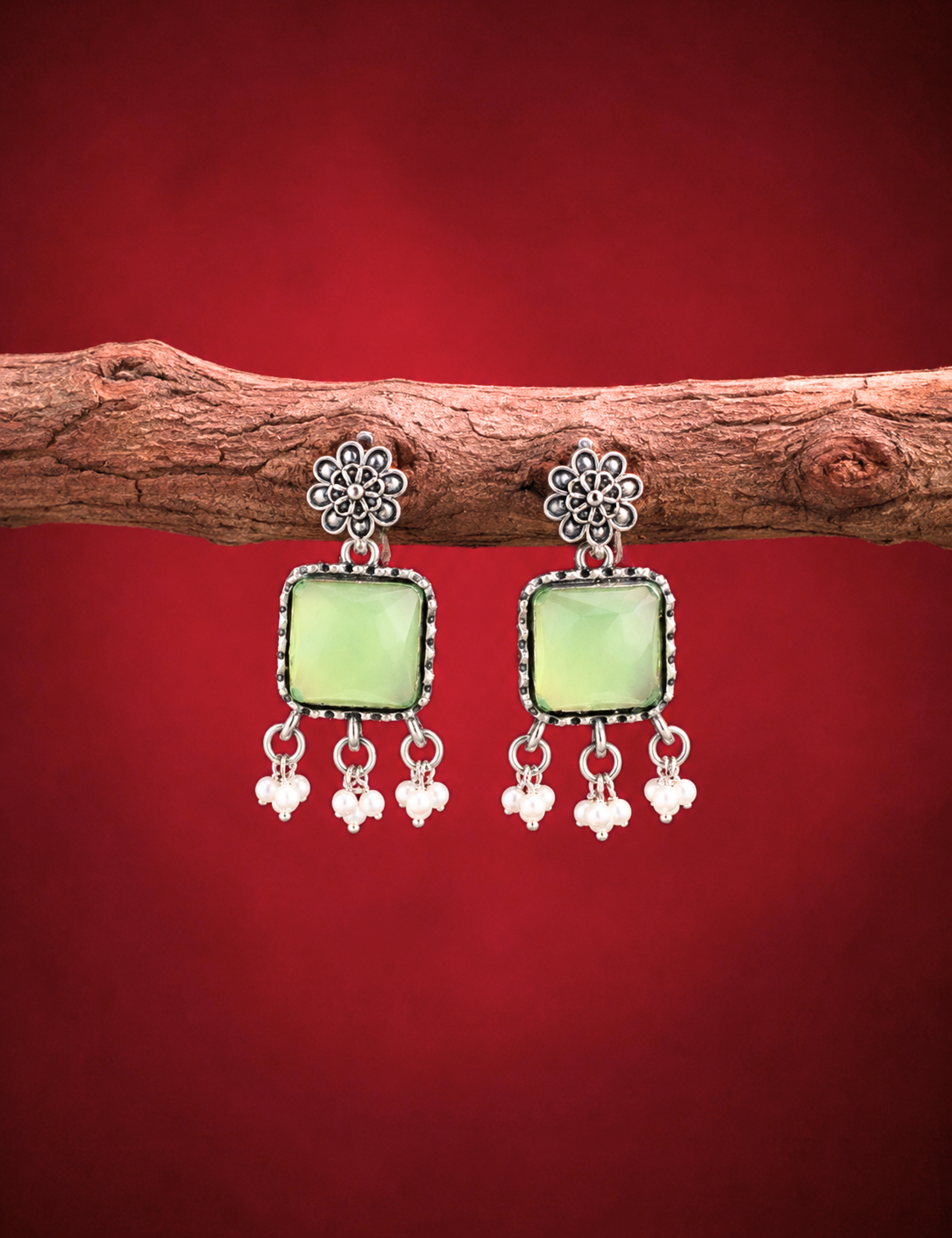 Mint Green Stone Oxidized Silver Floral Dangle Earrings