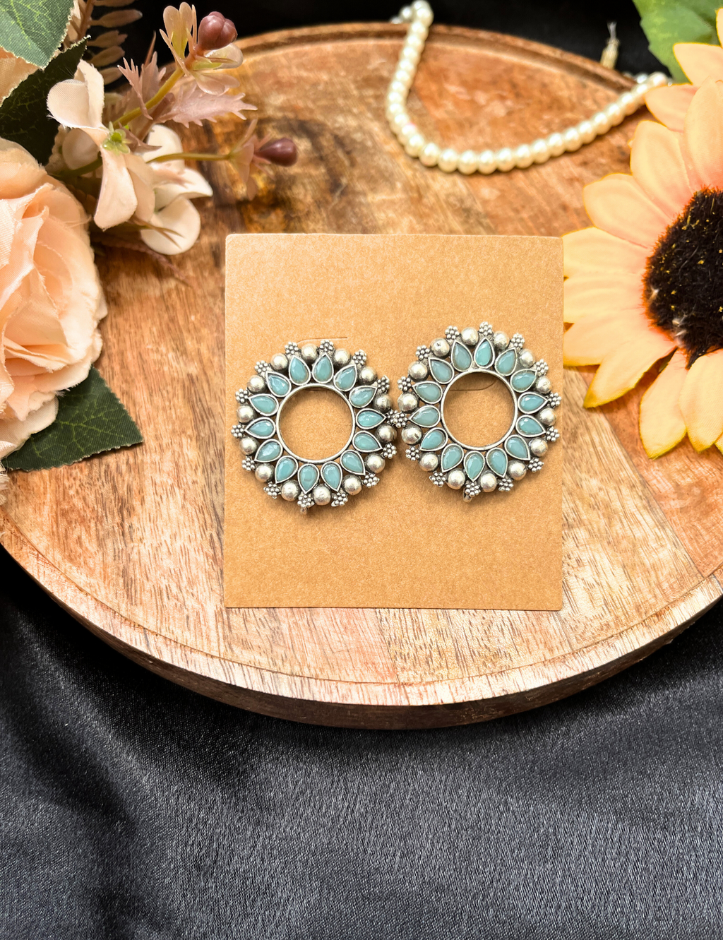 Silver Oxidised Green Stone Round Earrings