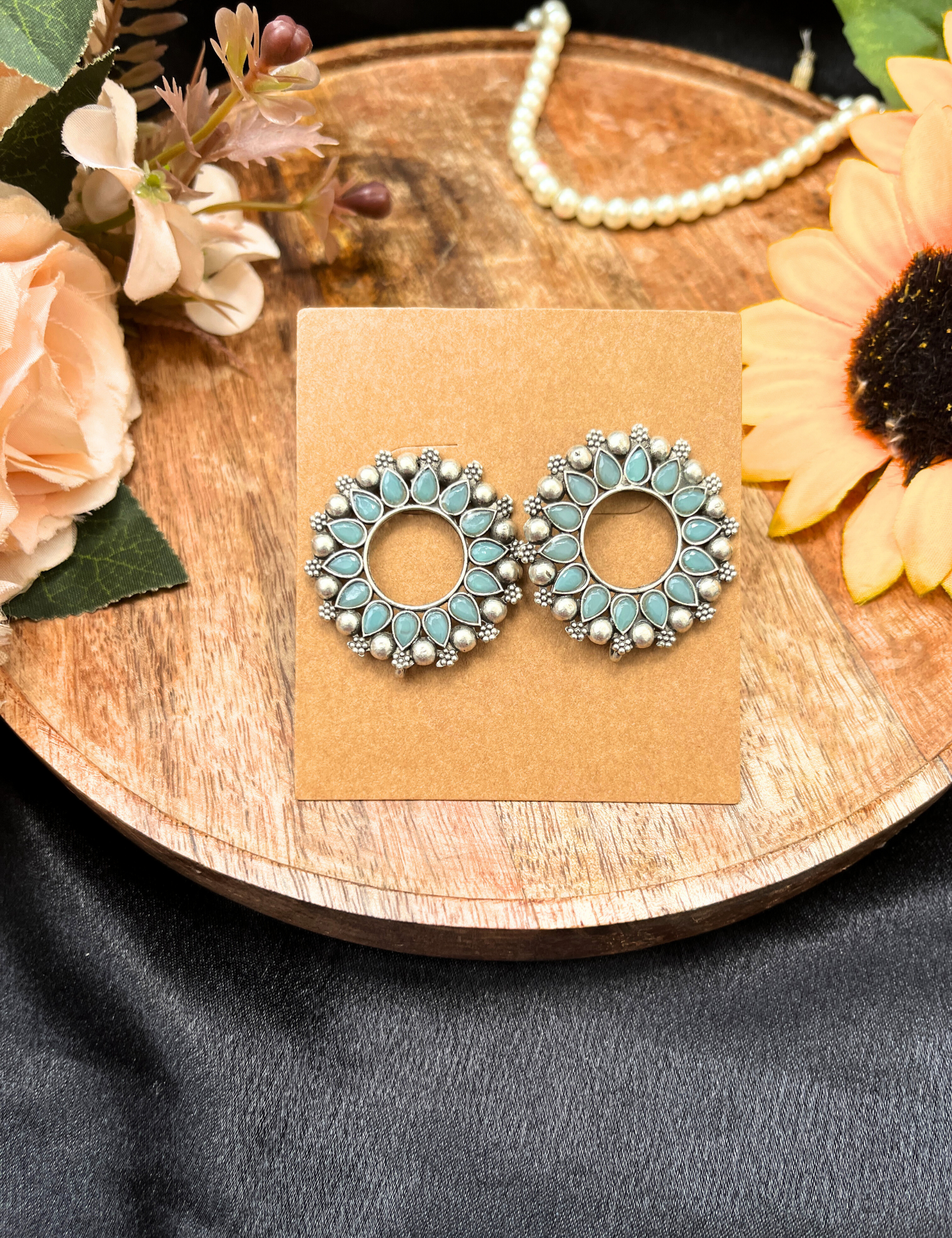 Silver Oxidised Green Stone Round Earrings