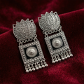 Vintage Oxidized Silver Lotus Square Drop Earrings with Tribal Dangling Beads