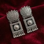 Vintage Oxidized Silver Lotus Square Drop Earrings with Tribal Dangling Beads