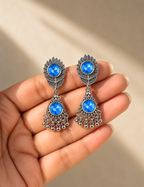 Oxidized Silver Blue Stone Leaf Earrings for Women