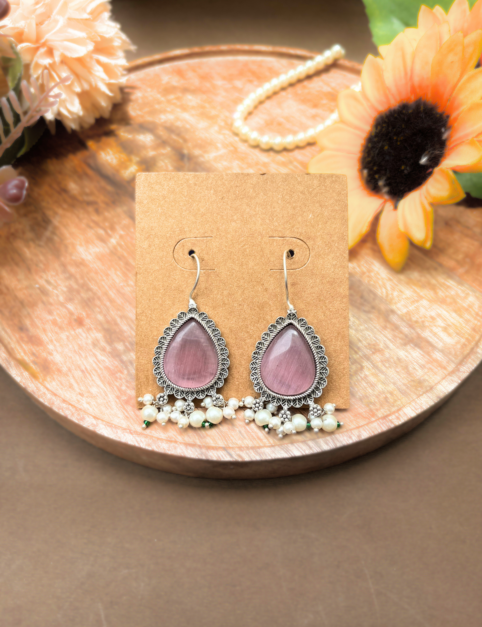 Silver Hook Earrings with Pink Stone