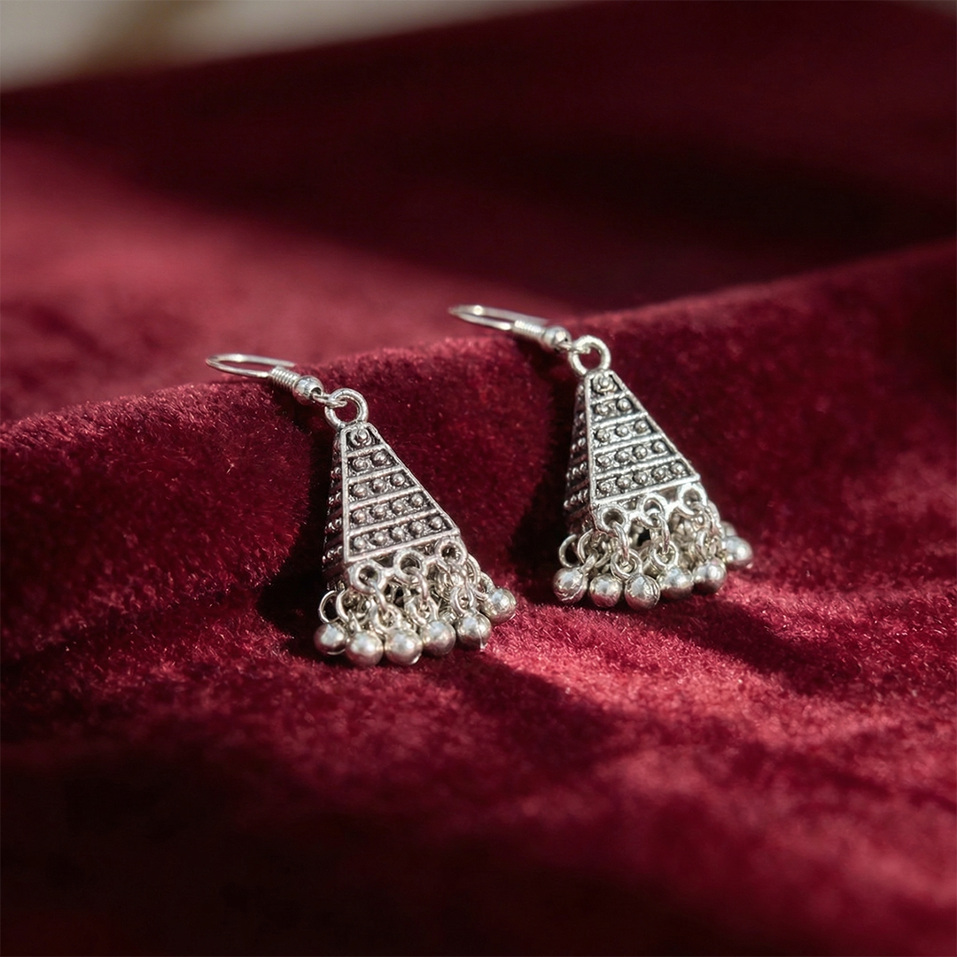 Oxidized Silver Cone Shaped Dangle Earrings with Beads
