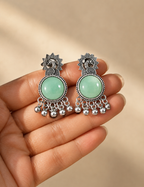 Oxidized Silver Mint Green Stone Stud Earrings for Women